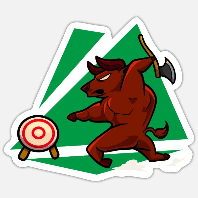 Axt werfender Stier - Axtwerfen - Sticker Größe S (10 x 10 cm) - Mattweiß