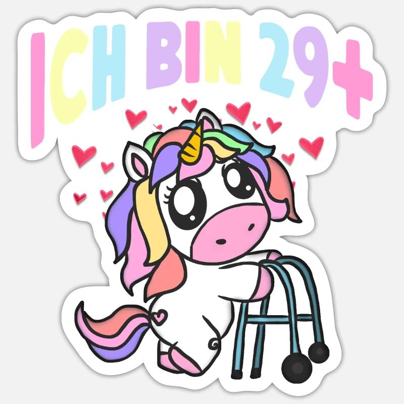 Damen Ich bin 29+ Einhorn mit Rollator Geschenk Sticker Größe S (10 x 10 cm)