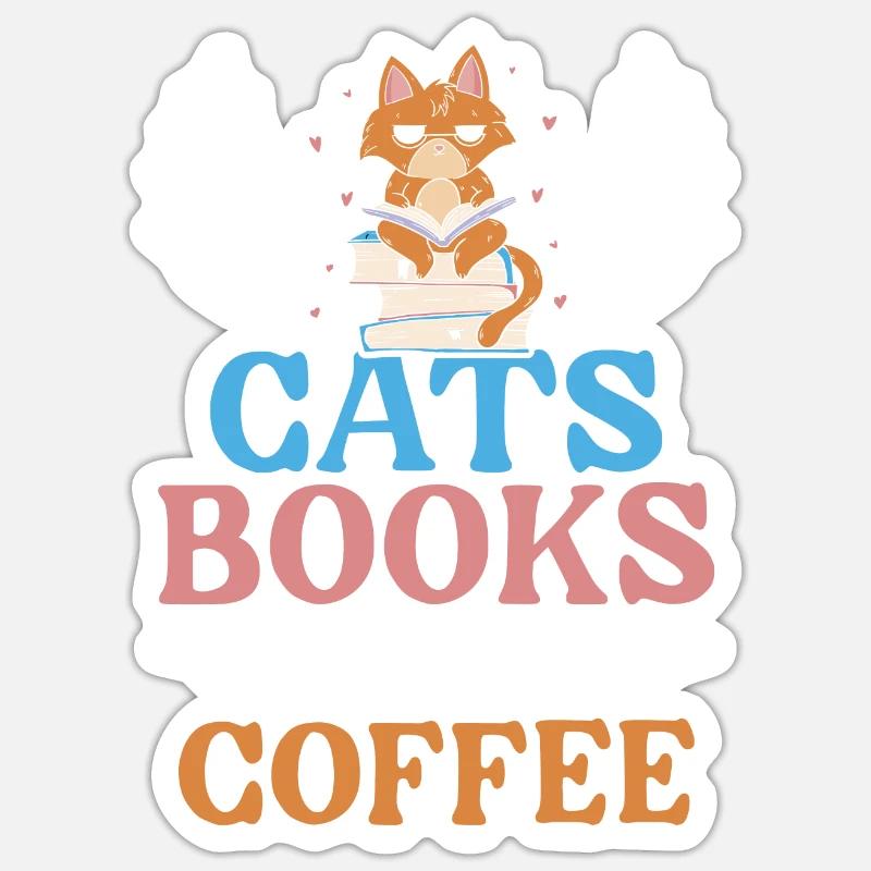 Gatti Libri E Bevitore di Caffè Bookaholic Bookworm - Sticker formato S (10 x 10 cm) - bianco opaco