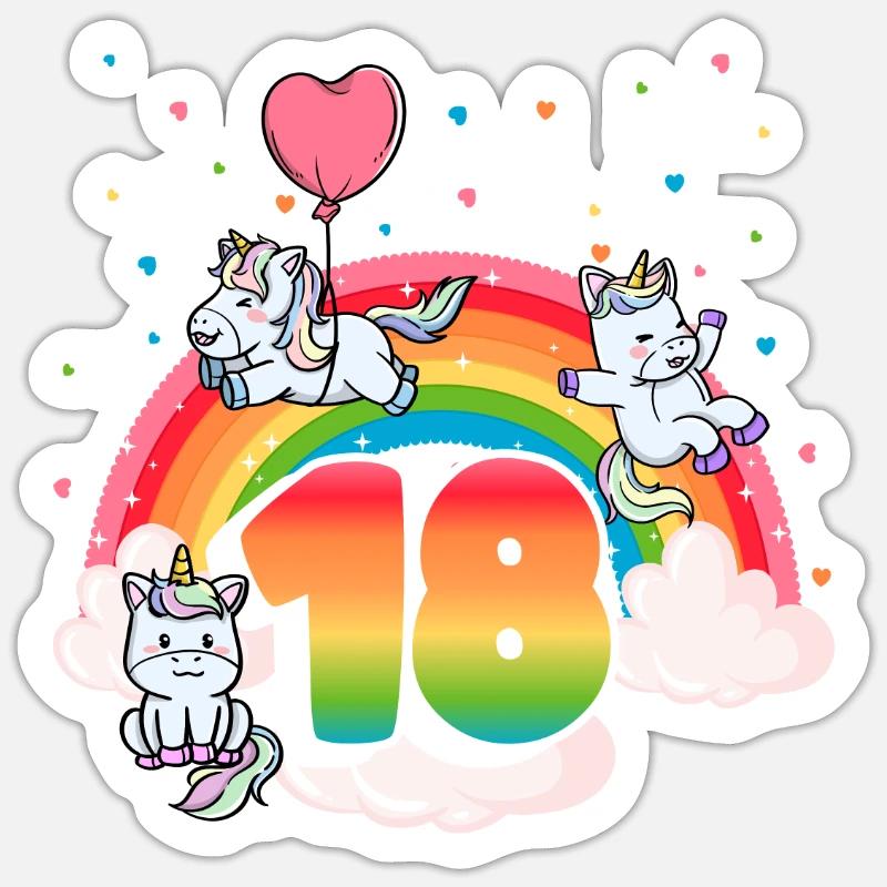 18. Geburtstag Regenbogen Einhorn Thema - Sticker Größe S (10 x 10 cm) - Mattweiß