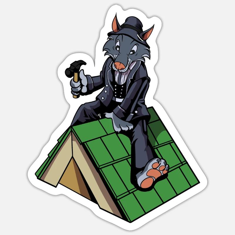 Comic Wolf als Dachdecker Sticker Größe S (10 x 10 cm)