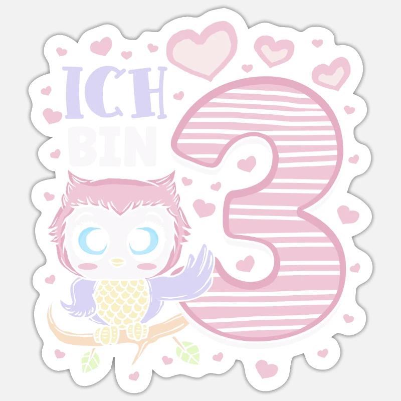 Dritter Geburtstag Mädchen 3 Jahre Eule Sticker Größe S (10 x 10 cm)