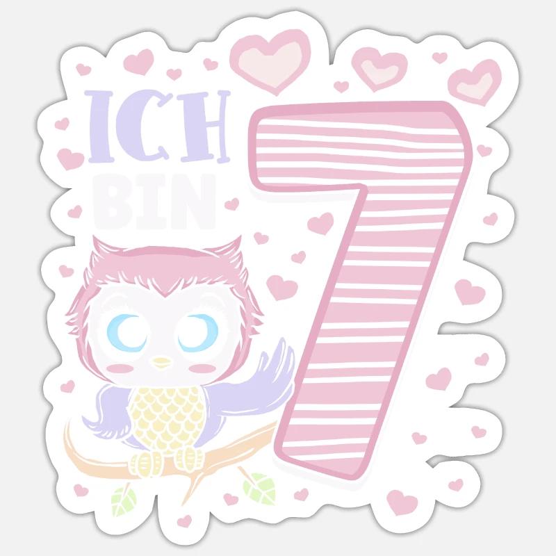Siebter Geburtstag Mädchen 7 Jahre Eule Sticker Größe S (10 x 10 cm)