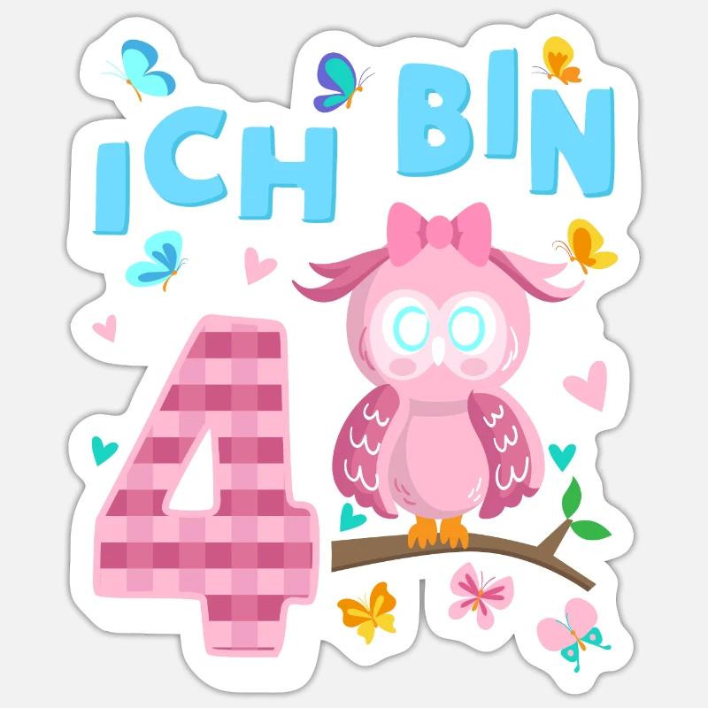 Vierter Geburtstag Mädchen 4 Jahre Eule Sticker Größe S (10 x 10 cm)