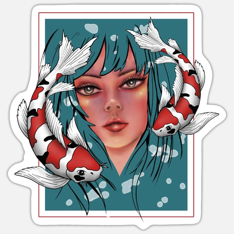 Filles avec Koi - Sticker taille S (10 x 10 cm) - blanc mat