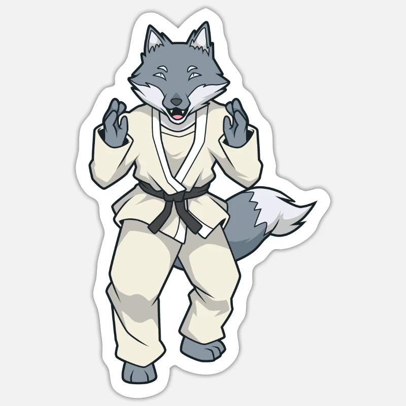 Comic Wolf makes judo - Sticker size S (10 x 10 cm) - white matte