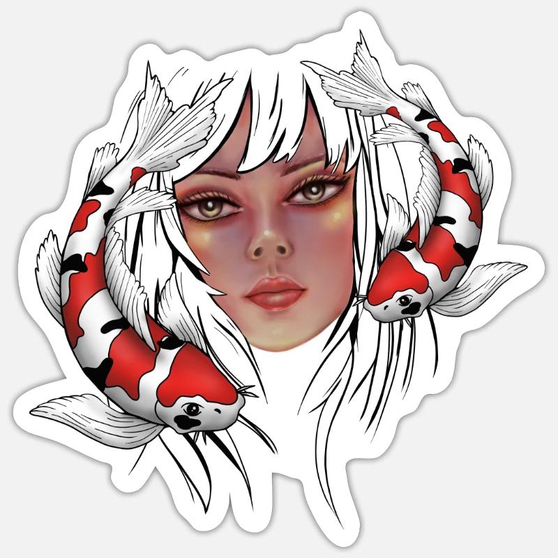 Filles avec carpe Koi - Sticker taille S (10 x 10 cm) - blanc mat