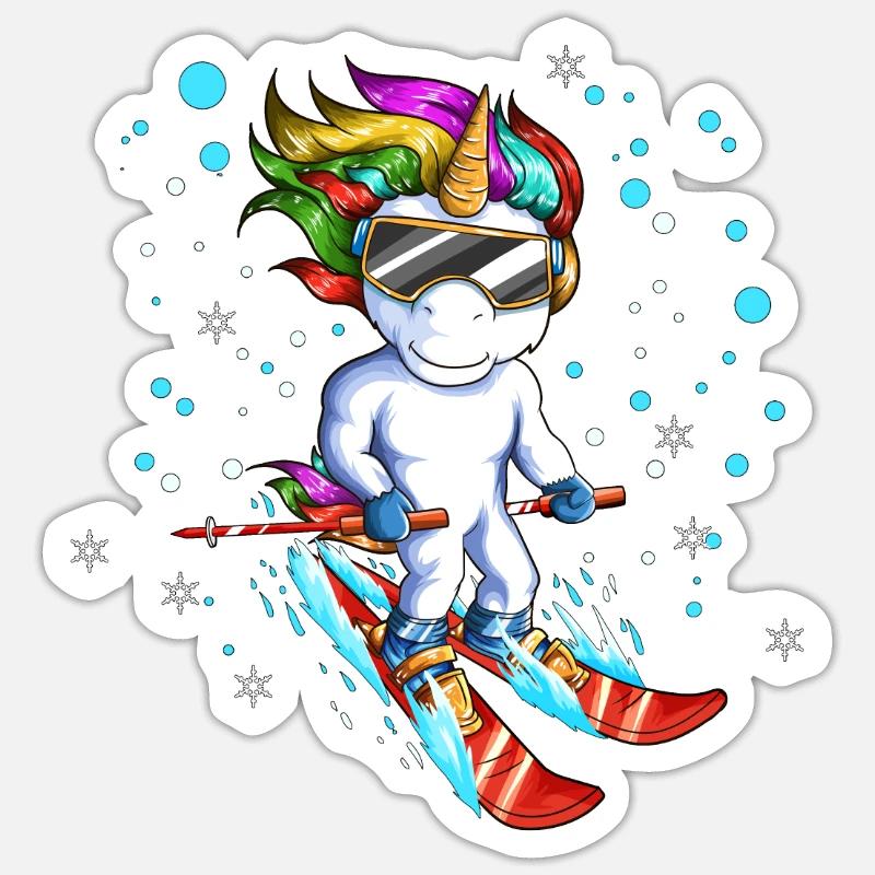 Skiurlaub Reise Snowboardfahren Einhorn Märchen - Sticker Größe S (10 x 10 cm) - Mattweiß