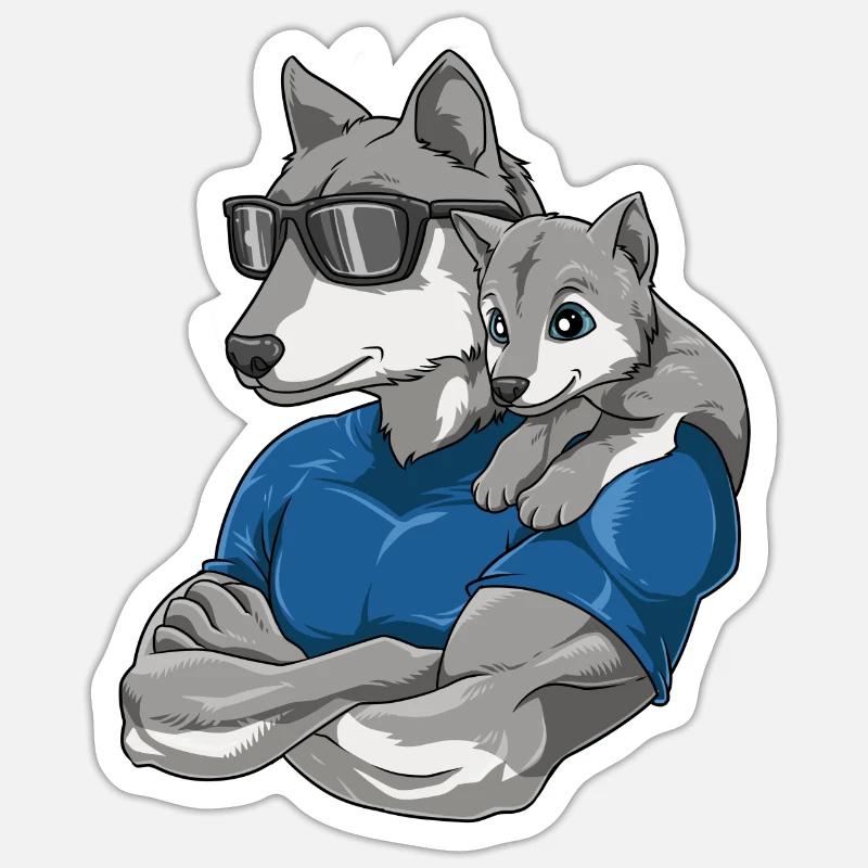 Starker Wolf mit Wolfs Kind für einen Wolf - Sticker Größe S (10 x 10 cm) - Mattweiß