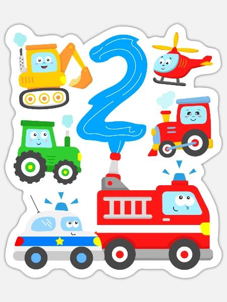 2 Jahre Autos Polizei Feuerwehr Bagger Traktor - Sticker Größe S (10 x 10 cm) - Mattweiß