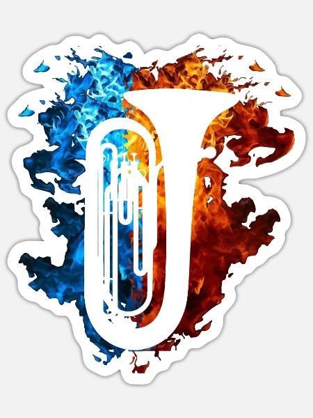 Tuba Rot Blau Feuer Musikinstrument Feuerkunst - Sticker Größe S (10 x 10 cm) - Mattweiß