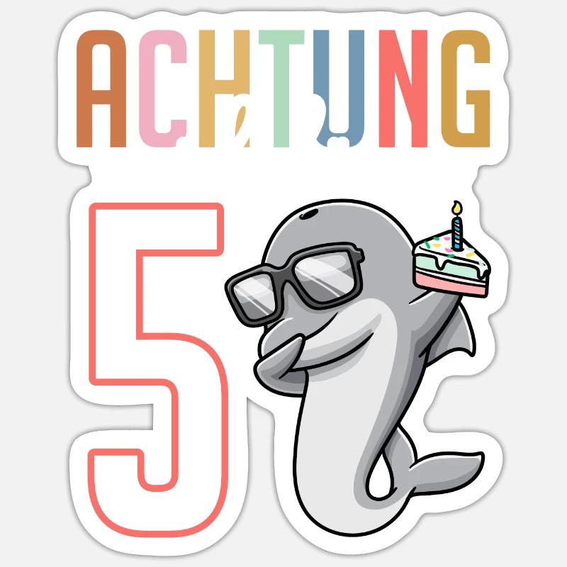 5. Geburtstag Junge Mädchen 5 Jahre Delfin - Sticker Größe S (10 x 10 cm) - Mattweiß