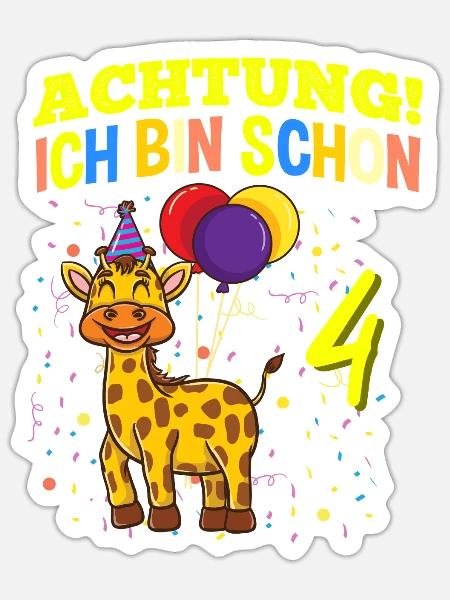 Achtung Ich Bin Schon 4 Zoo Geburtstag Giraffe - Sticker Größe S (10 x 10 cm) - Mattweiß