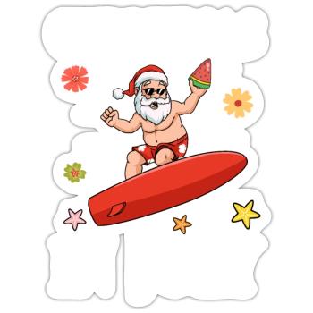 Noël Été Santa Surfer Surfboard - Sticker taille S (10 x 10 cm) - blanc mat - Devant