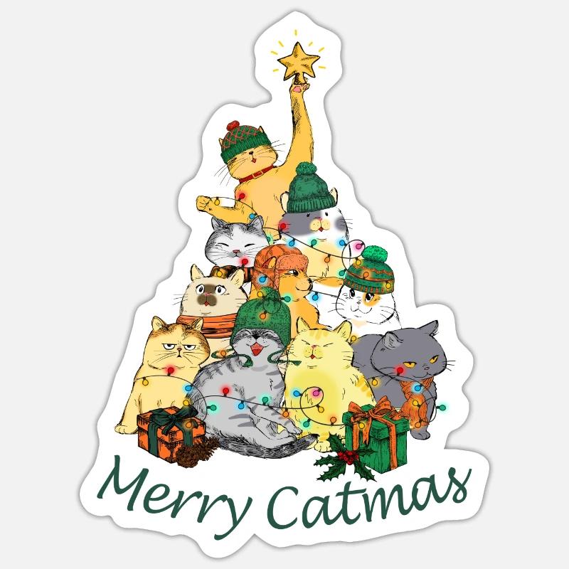 Katzen bilden eine Weihnachtsbaum Pyramidekinderki - Sticker Größe S (10 x 10 cm) - Mattweiß