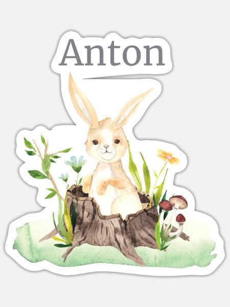 Waldtier Reh Hase Igel Blumen Name Anton - Sticker Größe S (10 x 10 cm) - Mattweiß