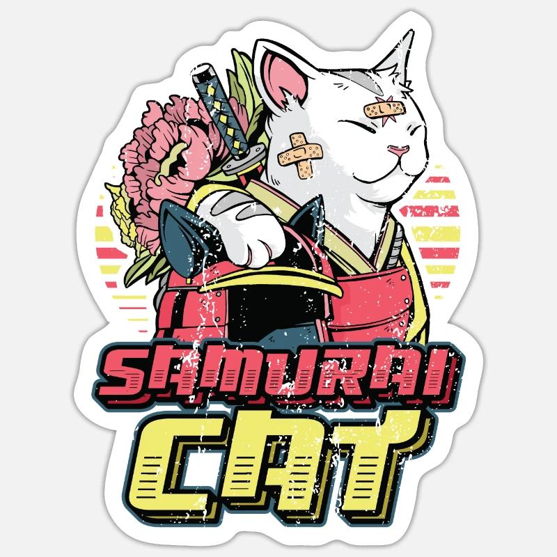 Anime Samouraï Chat - Sticker taille S (10 x 10 cm) - blanc mat