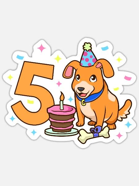Mit Hund - Kinder Geburtstag 5 Jahre - Sticker Größe S (10 x 10 cm) - Mattweiß