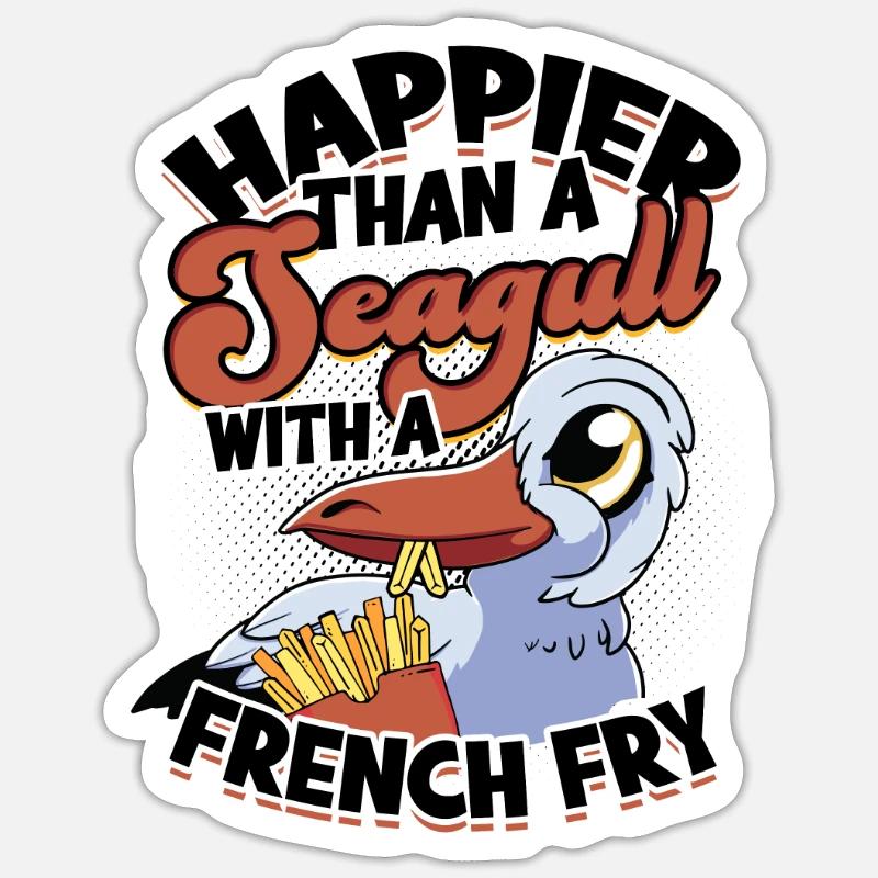 Glücklicher als eine Möwe mit Pommes frites - Essen - Sticker Größe S (10 x 10 cm) - Mattweiß