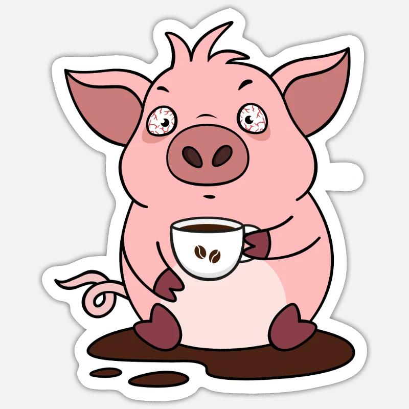 Kaffee Schwein Morgenmuffel Langschläfer - Sticker Größe S (10 x 10 cm) - Mattweiß