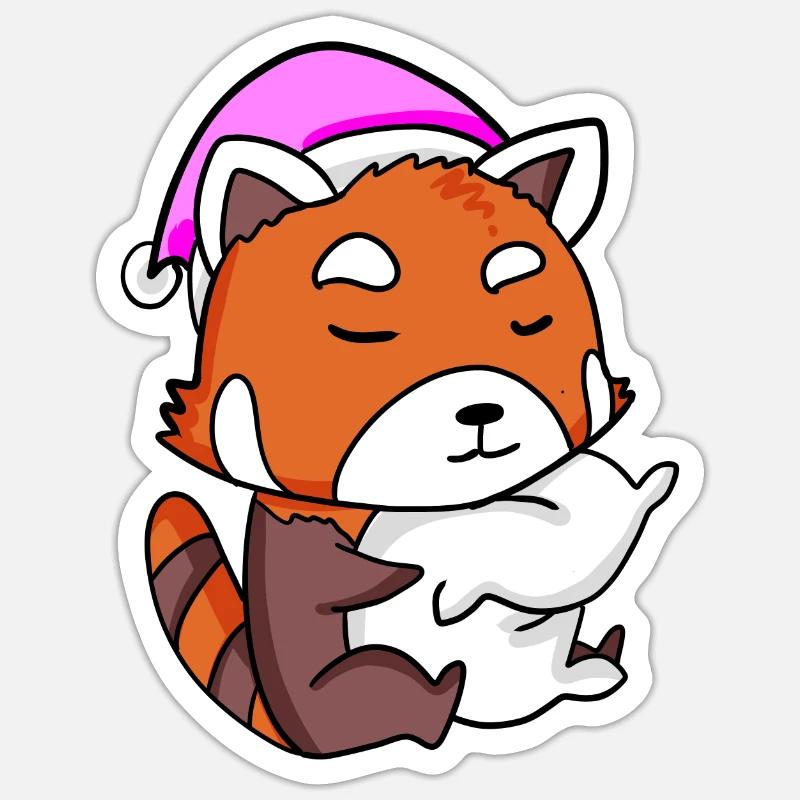 panda roux avec oreiller et bonnet de couchage - Sticker taille S (10 x 10 cm) - blanc mat