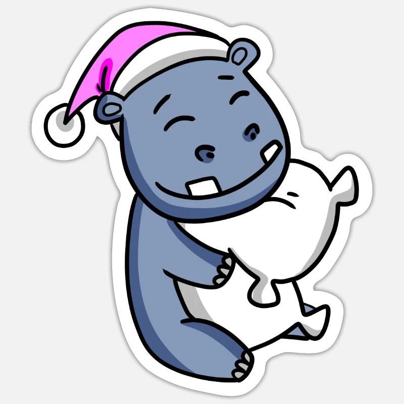 Hippo with pillow and sleeping cap Sticker size S (10 x 10 cm)