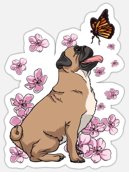 Japanese Cherry Blossom Mops Hund - Sticker Größe S (10 x 10 cm) - Mattweiß