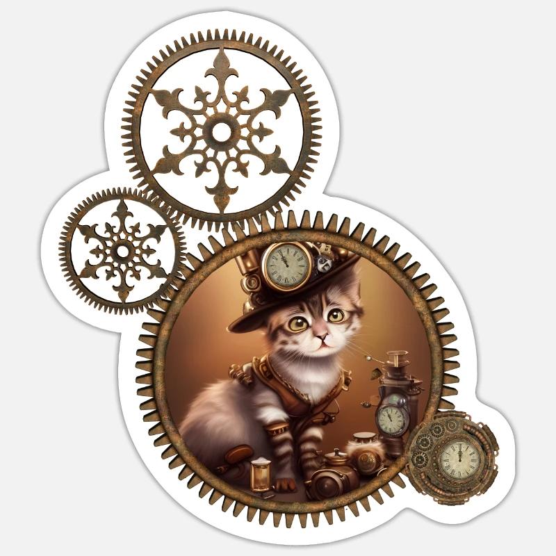 Petit chaton steampunk - Sticker taille S (10 x 10 cm) - blanc mat