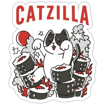 Catzilla Chat Mignon Humour Japon Sushi - Sticker taille S (10 x 10 cm) - blanc mat - Devant