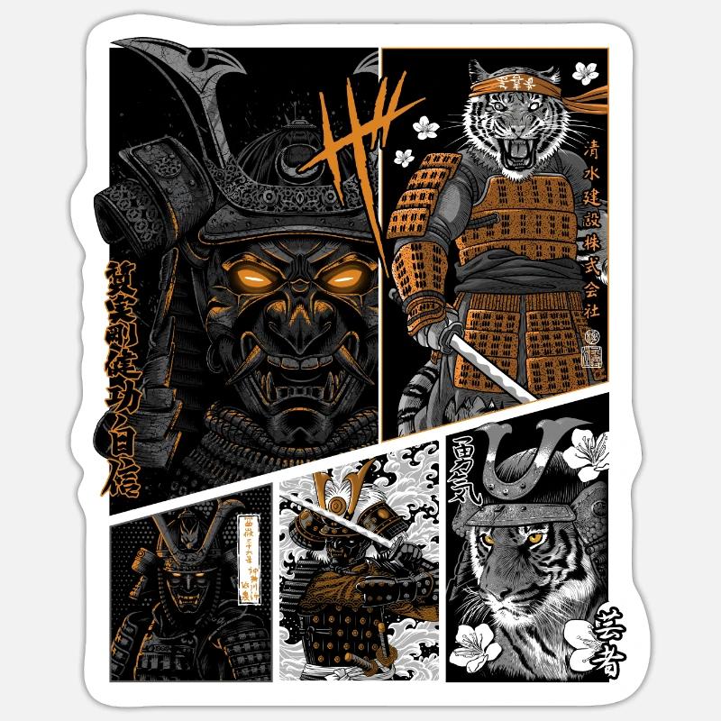 Bande dessinée Tiger Samurai - Sticker taille S (10 x 10 cm) - blanc mat