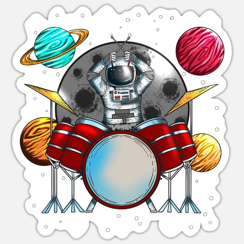 Musicien, Batteur, Planète spatiale, Cosmonaute - Sticker taille S (10 x 10 cm) - blanc mat