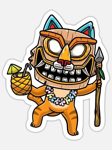Katze Mit Tiki Maske Hawaii - Sticker Größe S (10 x 10 cm) - Mattweiß