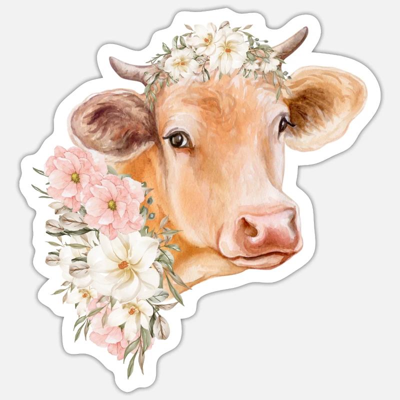 VACHE AVEC DES FLEURS - Sticker taille S (10 x 10 cm) - blanc mat