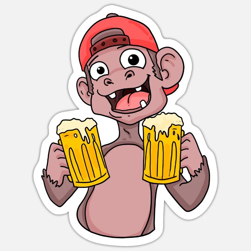 Affe mit Biergläser - Sticker Größe S (10 x 10 cm) - Mattweiß