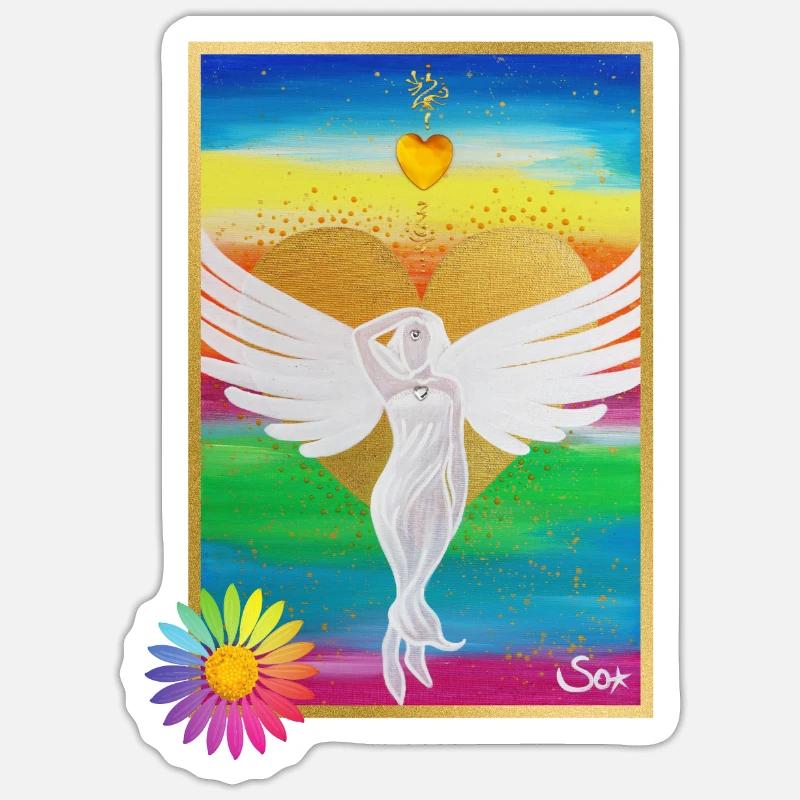 Regenbogen-Engel der Liebe mit Rainbow Blume - Sticker Größe S (10 x 10 cm) - Mattweiß