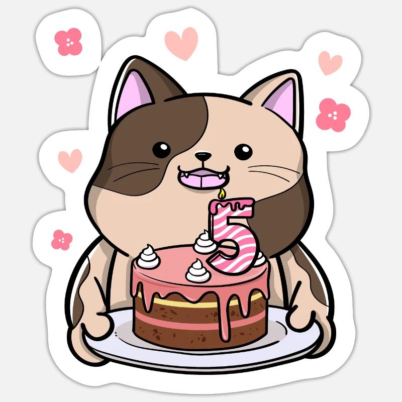 Le chat potelé garde un gâteau d’anniversaire 5. - Sticker taille S (10 x 10 cm) - blanc mat