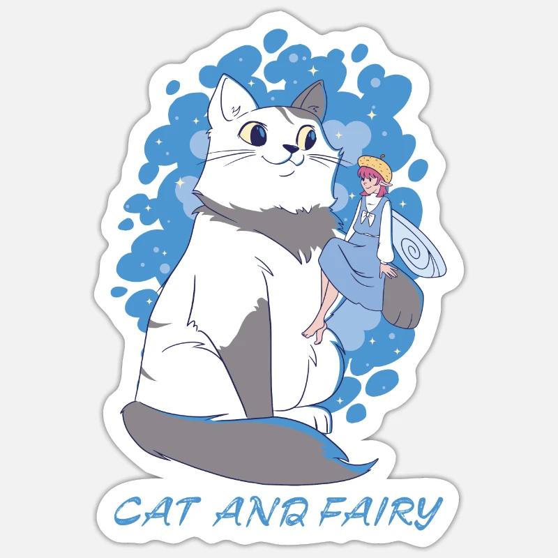 Chat et fée - Sticker taille S (10 x 10 cm) - blanc mat
