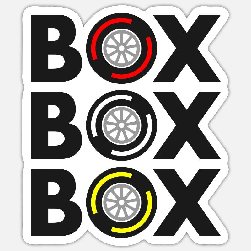 « Box Box Box » Grand Prix Tire Compound Design - Sticker taille S (10 x 10 cm) - blanc mat