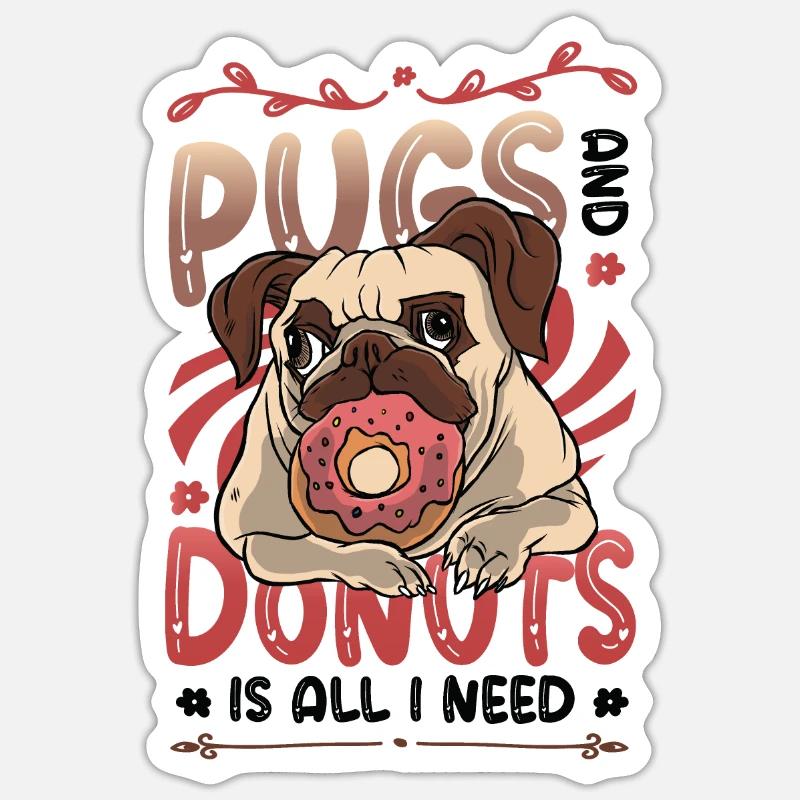 Mops, Donut, Lover. - Sticker Größe S (10 x 10 cm) - Mattweiß