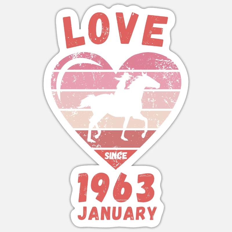 Amour équitation anniversaire Janvier 1963 - Sticker taille S (10 x 10 cm) - blanc mat