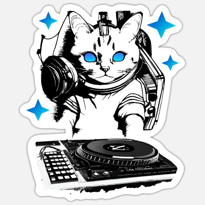DJ cat avec table de mixage Sticker taille S (10 x 10 cm)