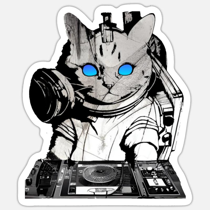 DJ cat avec table de mixage - Sticker taille S (10 x 10 cm) - blanc mat