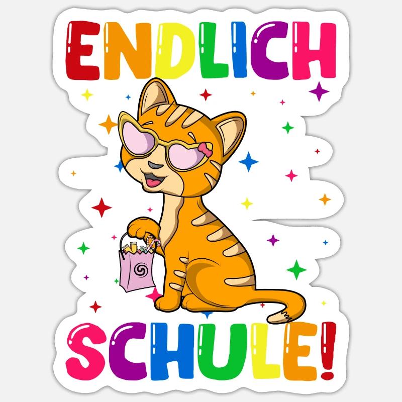 Endlich Schule Kätzchen Einschulung Schulkind Sticker Größe S (10 x 10 cm)