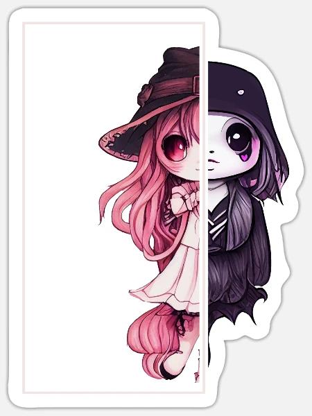 Kleine Hexe Kawaii Chibi Pastell Goth Japanische Ä - Sticker Größe S (10 x 10 cm) - Mattweiß