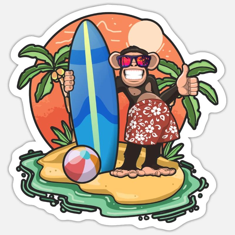 Drôle de singe Surf Lovers Cool Planche de surf Surf - Sticker taille S (10 x 10 cm) - blanc mat