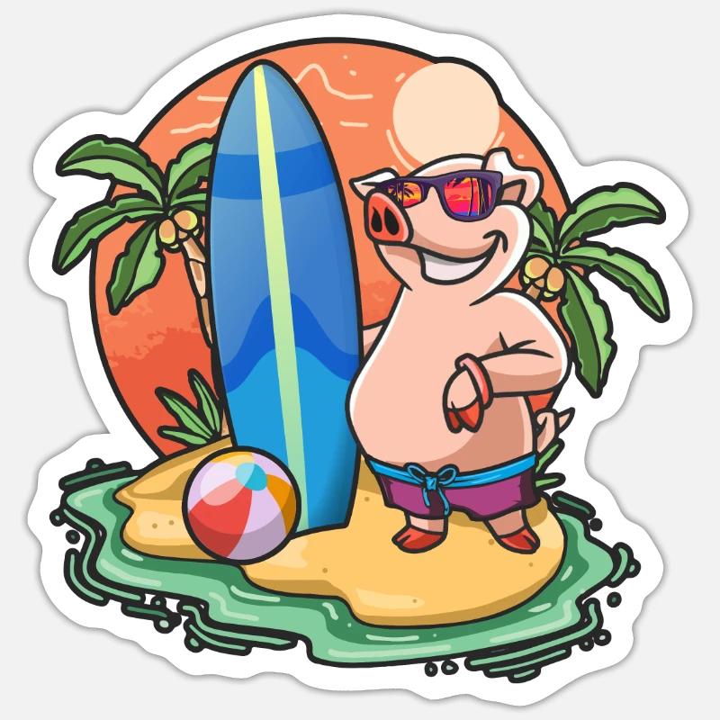 Drôle de cochon Surf Lovers Cool Planche de surf Jeu de mots Sticker taille S (10 x 10 cm)