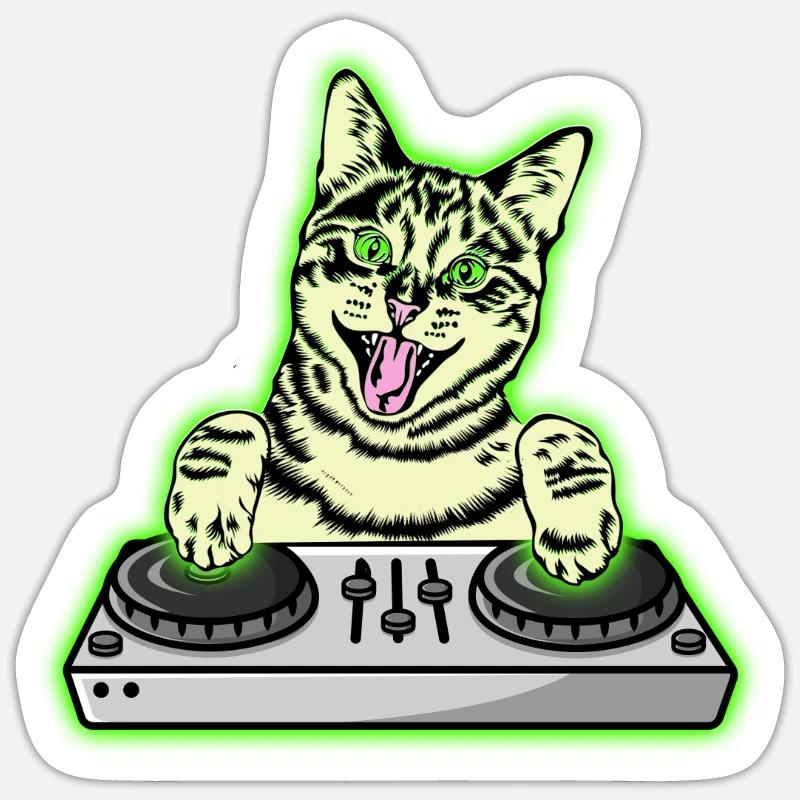 DJ Cat Techno Kitten EDM Dance Music Cat - Sticker Größe S (10 x 10 cm) - Mattweiß