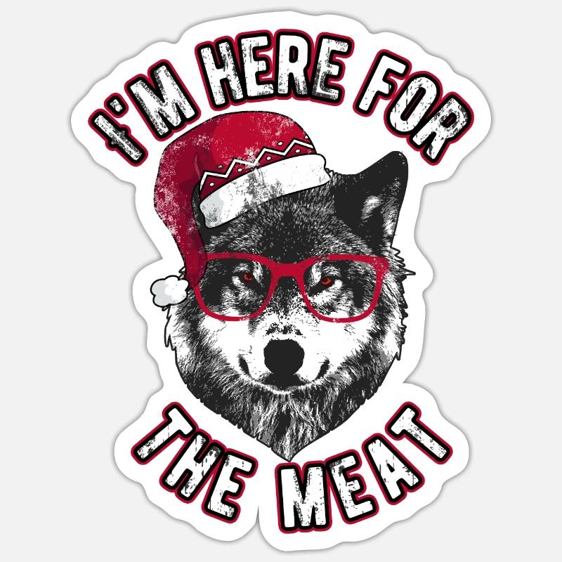 Ich bin wegen des Fleisches hier - Grumpy Christmas Wolf - Sticker Größe S (10 x 10 cm) - Mattweiß