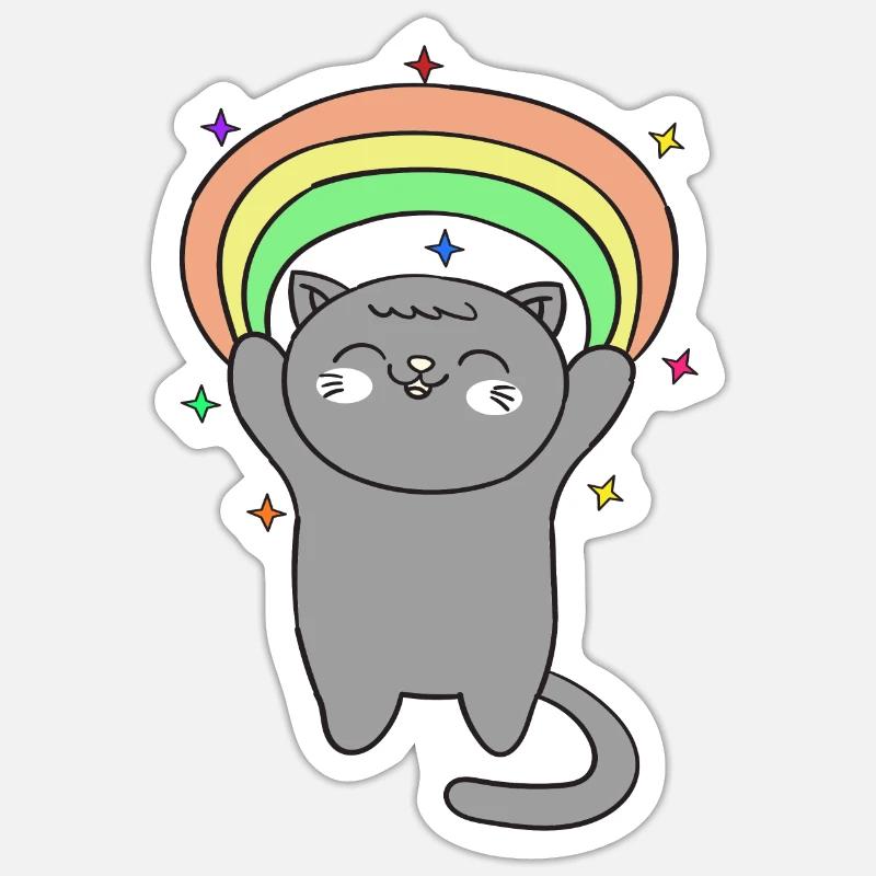 Süße Katze mit Regenbogen - Sticker Größe S (10 x 10 cm) - Mattweiß