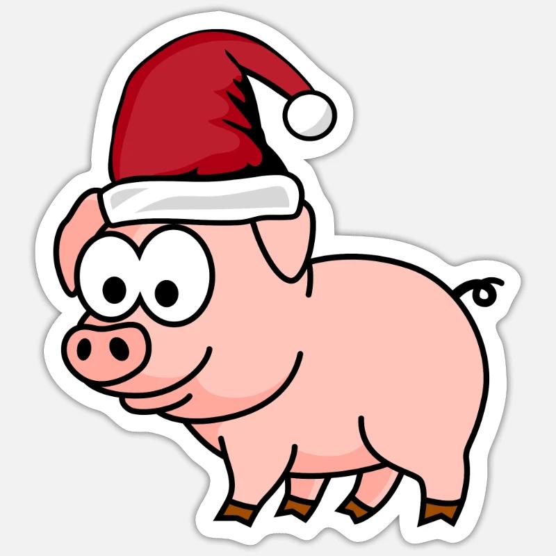 Cochon Bande Dessinée Noël - Sticker taille S (10 x 10 cm) - blanc mat